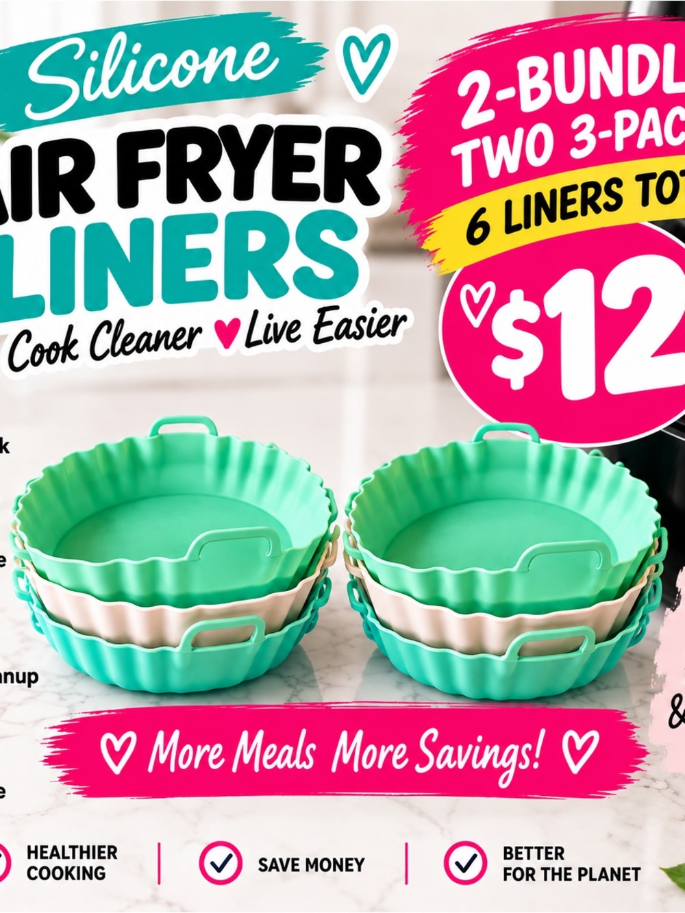 Reusable Silicone Air Fryer Liners - Mint & Cream, 6-Pack